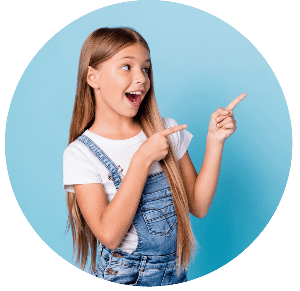 A young cute girl cheerfully pointing the various products to kill lice and nits.