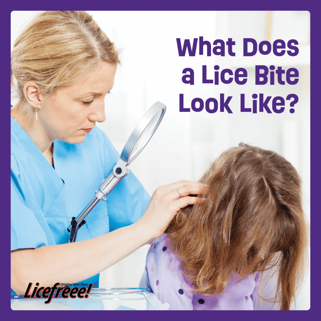 A blonde nurse checked a little girl's head for any lice bite using magnifying glass.