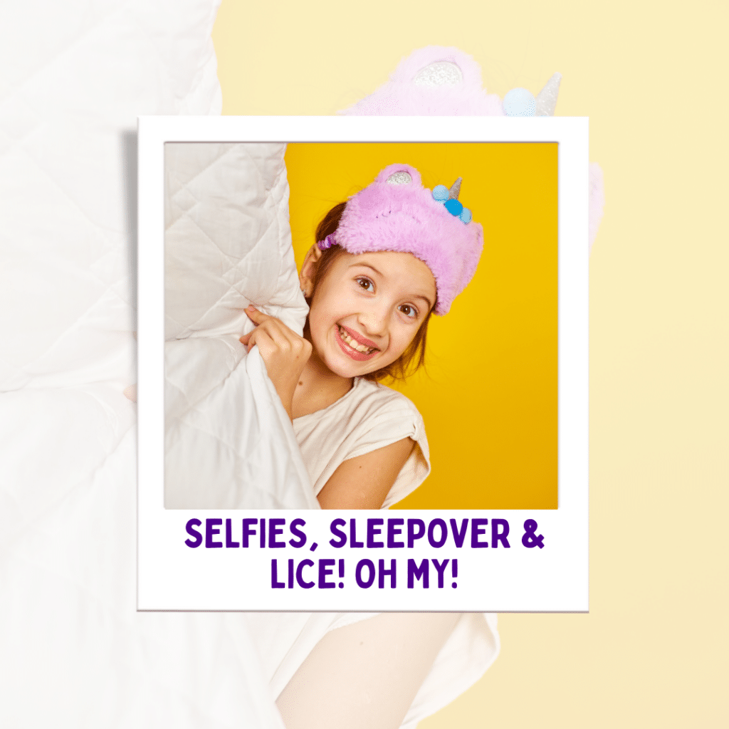 A young girl is excited for a sleepover as she wears an eye cover on her head.