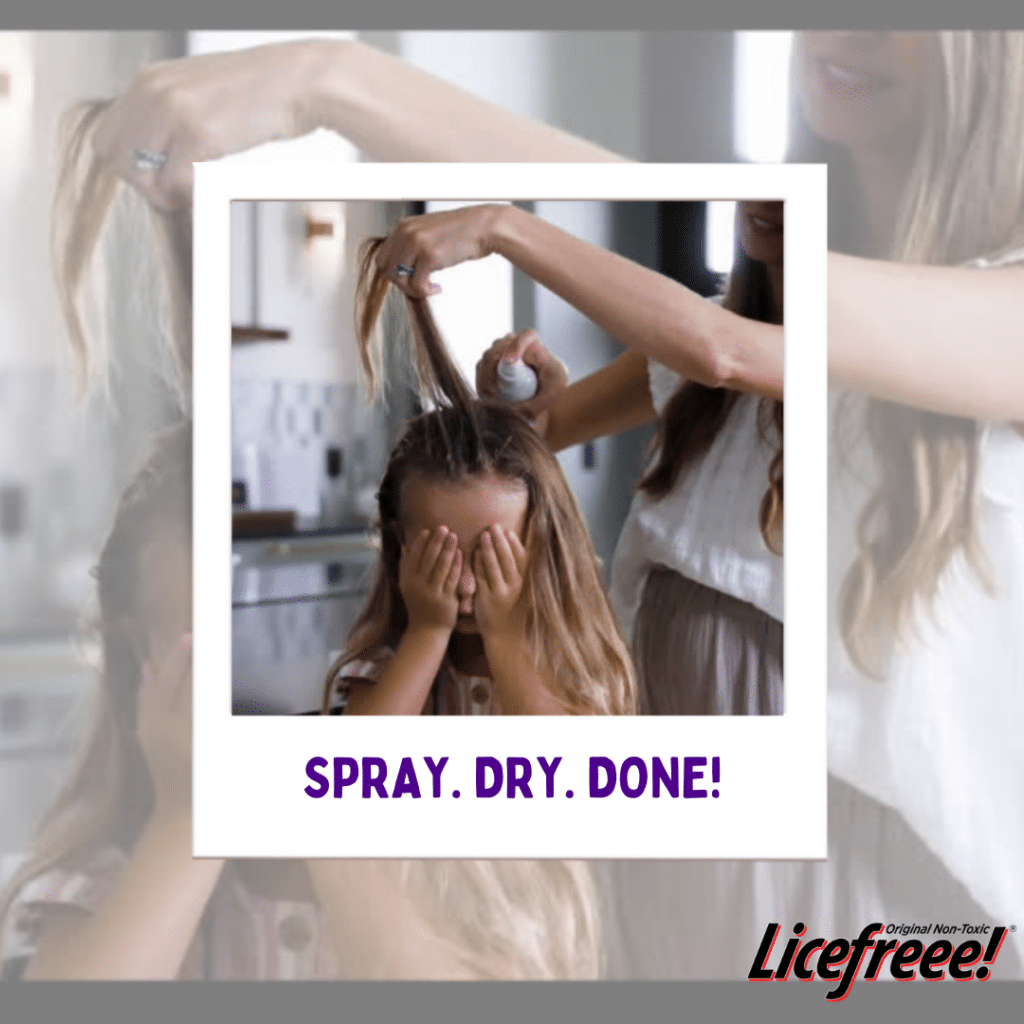 A little girl is covering her eyes as her mom applies lice spray on her hair.